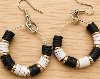 Boho Black and White Heishi Bead Hoop Earrings - Lightweight Dangle Hypoallergenic