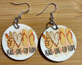 Peace Love Earrings, Flip Flop Summer Dangles in Colorful MDF
