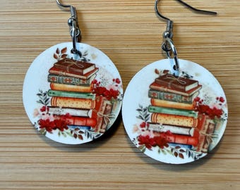 Pendientes para amantes de los libros – Pendientes de libros apilados – Regalo para bibliotecarios – Pendientes redondos colgantes ligeros