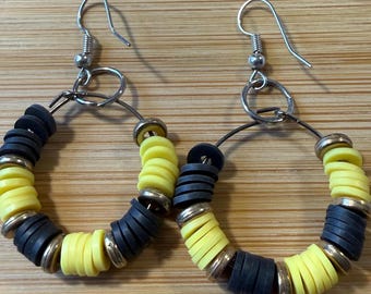 Boho Black & Yellow Polymer Clay Hoop Earrings Dangle, Hypoallergenic