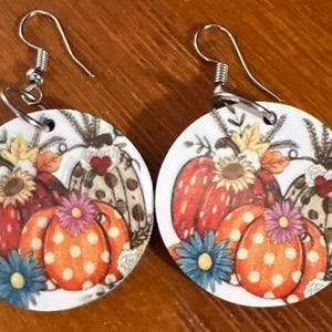 Fall Pumpkin Earrings – Floral Autumn Earrings,  Polka Dot Pumpkin Jewelry, Lightweight and Hypoallergenic