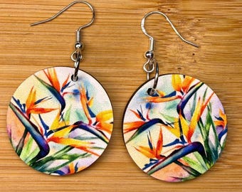 Tropical Earrings Inspired by Bird of Paradise, Lightweight Wooden Dangles