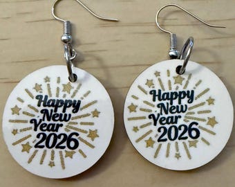 Happy New Year 2026 Earrings • Festive Wood NYE Jewelry
