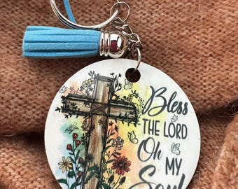 Bless the Lord Oh My Soul Keychain with Tassel and Floral Cross Design keychain