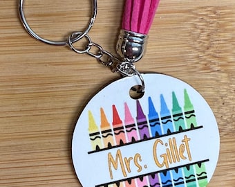 Personalized Teacher Keychain with Rainbow Crayon Design, Fun MDF Wood Material, Customized