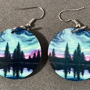 Northern Lights Earrings | Forest Silhouette Dangle Earrings | Aurora Borealis Jewelry | Round  | Lightweight & Handmade