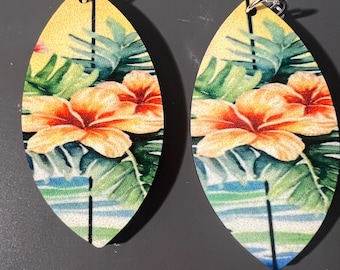 Oversized Surfboard Earrings with Tropical Flower earrings Island vibe