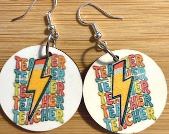 Rainbow Lightning Bolt Teacher Earrings, Fun Dangle Design in Vibrant Colors
