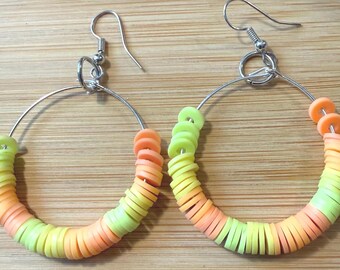 Boho Pastel Beaded Hoop Earrings: Peach Sage Green Lightweight Summer Jewelry