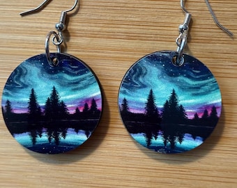 Northern Lights Earrings | Forest Silhouette Dangle Earrings | Aurora Borealis Jewelry | Round  | Lightweight & Handmade