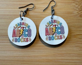 Teacher Earrings: Colorful MDF Wood Learning ABCD Rocks Jewelry for Educators