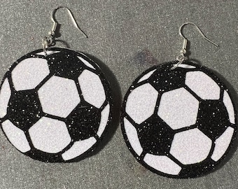 Glitter Soccer Ball Earrings: Lightweight Wood Dangles, Game Day Accessory