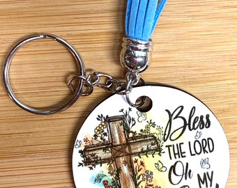 Bless the Lord Oh My Soul Keychain with Tassel and Floral Cross Design keychain