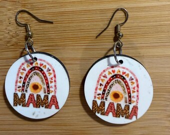 MAMA Earrings Rainbow Leopard Floral Print, Lightweight Wood