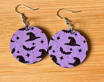 Purple Witch Hat Halloween Earrings: Bat & Moon Dangle, Spooky Jewelry