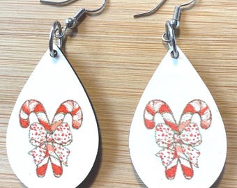 Christmas Candy Cane holiday bow Teardrop Earrings