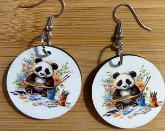 Panda Painter Earrings: Watercolor Animal Dangle Earrings