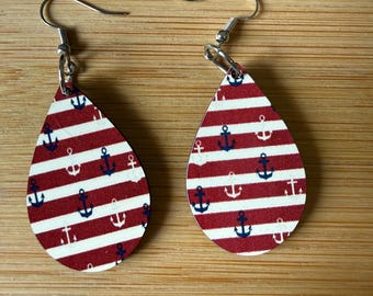 Nautical Anchor Dangle Earrings: Red White Stripe 4th of July Jewelry