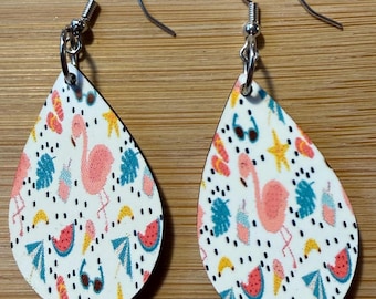 Flamingo Earrings, Tropical Teardrop Design with Summer Patterns