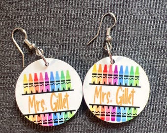 Personalized Teacher Crayon Earrings: Rainbow Wood, Custom Name