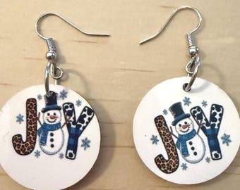 JOY Snowman Earrings with Leopard Print, Festive Winter Jewelry