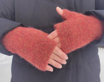 Handknitted fingerless gloves for women orange