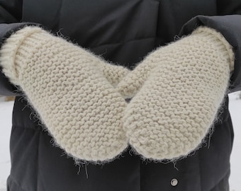 Warm Chunky Knitted Mittens Off White