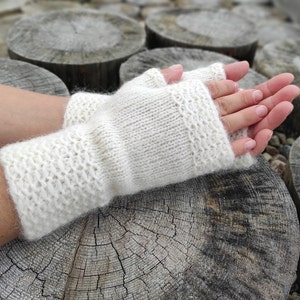 White women's knitted winter fingerless gloves