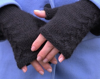 Hand knitted pure alpaca fingerless gloves for women black