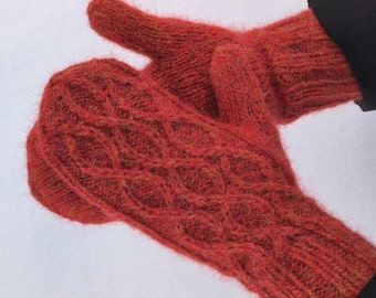 Cable Knit Mittens, Alpaca Wool Warmers, Gloves for Women Orange, Handknit Arm Warmers, Soft and Cozy Winter Mittens