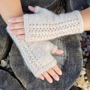 Women's Handknitted Gloves, Handwarmers with Alpaca, Soft Fingerless gloves, Patterned Warmers