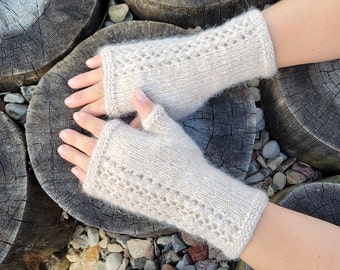 Women's Handknitted Gloves, Handwarmers with Alpaca, Soft Fingerless gloves, Patterned Warmers