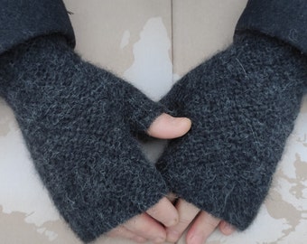 Men's warm alpaca fingerless gloves black