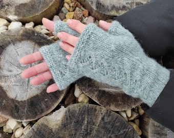 Hand knitted alpaca fingerless gloves for women sage green