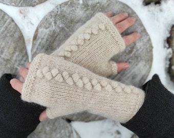 Alpaca Fingerless Mittens for Women Wheat