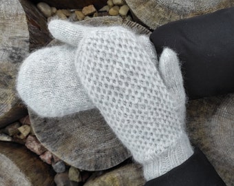 Patterned Alpaca Wool Mittens for Women Pearl Grey