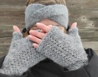 Alpaca Wool Head and Wrist Warmers Set Grey