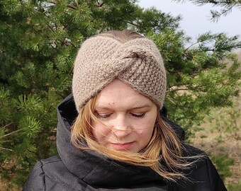 Wide women's headband, beige alpaca wool headband, broad beige headband for women.
