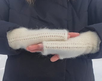 Knitted alpaca fingerless gloves, warm handwarmers off white, women's wrist warmers