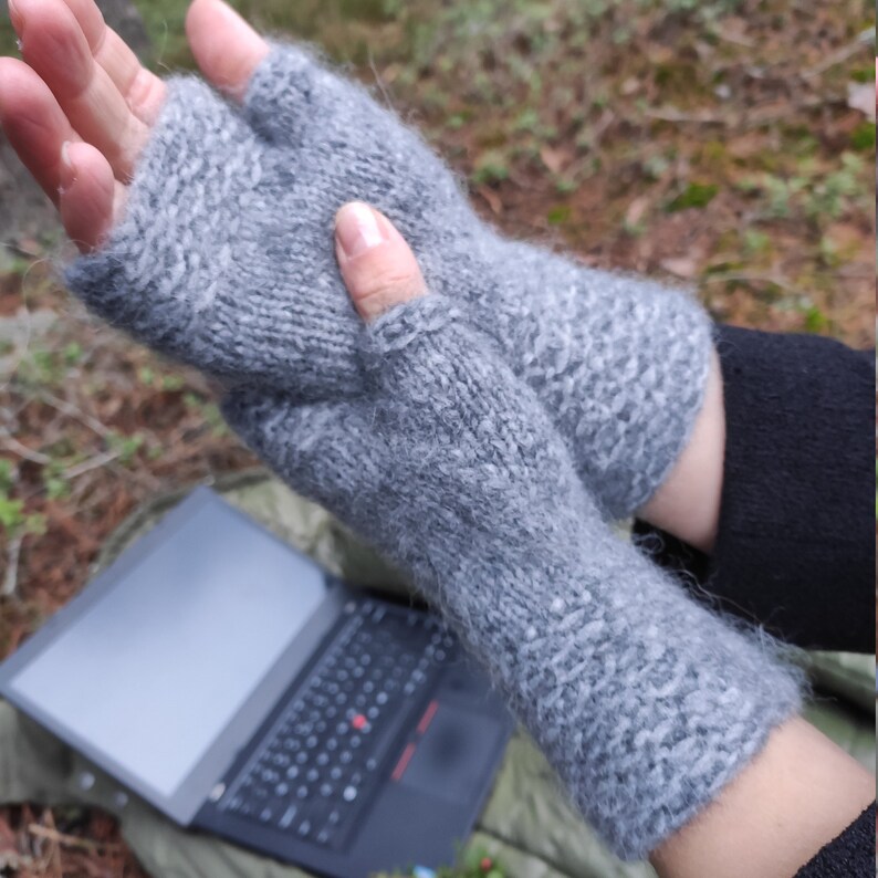 Hand Knitted Fingerless Gloves for Women Grey image 3