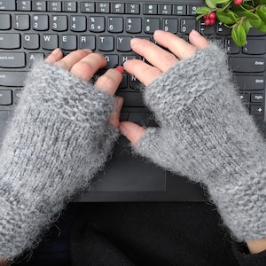 Hand Knitted Fingerless Gloves for Women Grey image 1