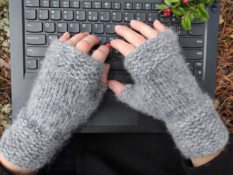 Hand Knitted Fingerless Gloves for Women Grey image 1