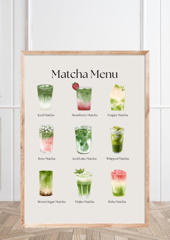 DIGITAL Printable Matcha Menu, Aesthetic Wall Art, Pastel Kitchen Decor, Matcha Print, Cafe Art Prints, Poster, INSTANT DOWNLOAD, A4 Size