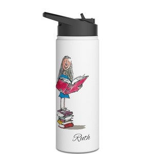 Botella de agua personalizada de acero inoxidable Sweet Matilda, regalo de chica ratón de biblioteca Matilda Roald Dahl, botella fría o caliente con tapa, regalo para ella