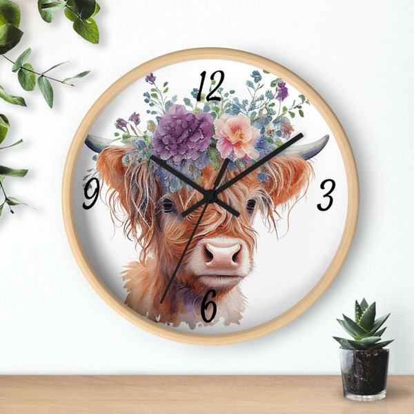 Aquarelle Floral Highland Vache Silencieux Horloge Murale Vache Bébé Fille Nursery Decor Animaux De La Ferme Shabby Chic Ferme Chambre Décor Maison