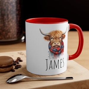 Personalized Christmas Highland Cow Mug, Highland Cow Personalized Coffee Mug, Custom Watercolor Mug with Name, Gift for Him, Cow Gifts 11oz