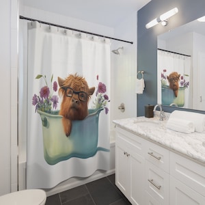 Watercolor Floral Highland Cow Shower Curtain, Highland Cow Decor, Highland Cow Bathroom, Highland Cow Bath Curtain,Farmhouse Bathroom Decor