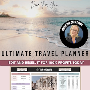 May include: Digital travel planner with a beach scene background. The text "ADVENTURE AWAITS" and "Done For You" are displayed at the top. The planner includes sections for trip details, budget, and expenses. The text "ULTIMATE TRAVEL PLANNER" is also displayed.