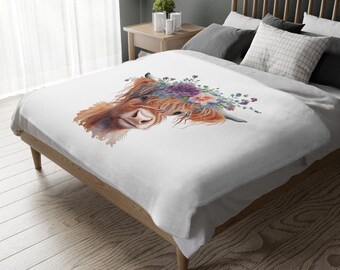 Floral Highland Cow Blanket, Highland Cow Floral Blanket, Floral Cow Soft Throw Blanket, Flower Highland Cow Throw