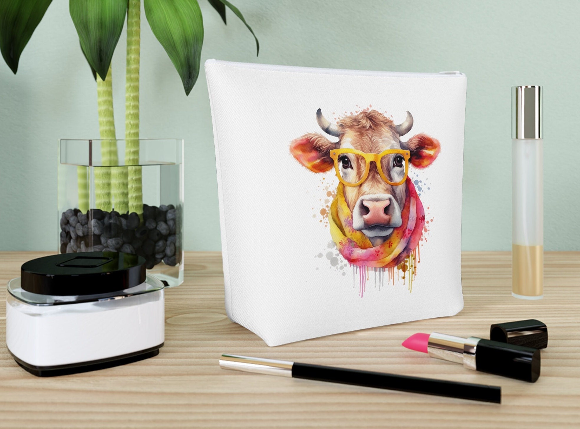 Make-up-Tasche Mit Highland Cow & Kaktus-Design – Große Kapazität, Inkl. Silikon-Schlüsselanhänger